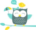 Cute happy owl and singing canary Royalty Free Stock Photo