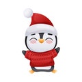 Cute happy penguin in red sweater and Santa hat. Adorable funny baby bird cartoon character. New year and Christmas Royalty Free Stock Photo