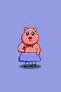 Cute happy pig with purple skirt and microphone cartoon illustration