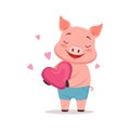 Cute happy pig holding pink heart, funny cartoon animal vector Illustration Royalty Free Stock Photo