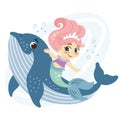 Cute happy pink haired mermaid with a whale vector illustration