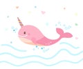 Cute happy pink narwhal. Vector children illustration of a pink whale with a horn floating on the sea. Royalty Free Stock Photo