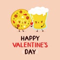 Cute happy pizza and beer glass couple Royalty Free Stock Photo