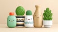 Cute happy plants and containers with smiling faces in simple design style, clean pastel background Royalty Free Stock Photo