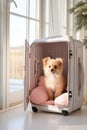 cute happy Pomeranian sitting inside an opened large suitcase ai created