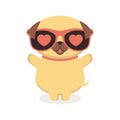 Cute happy pug dog in love, funny animal in sunglasses, vector illustration