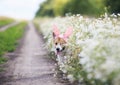 Cute happy puppy dog red Corgi in festive Easter pink rabbit ears on meadow  from white flowers chamomile in Sunny Royalty Free Stock Photo