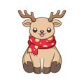 Cute happy reindeer wearing a polka dot scarf cartoon illustration. Winter Christmas theme Royalty Free Stock Photo