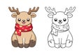 Cute happy reindeer wearing a polka dot scarf outline and colored doodle animal cartoon illustration set. Winter wildlife Royalty Free Stock Photo