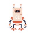 Cute happy robot in old retro style. Funny childish bot toy with smiling friendly face. Kids humanoid machine. Adorable