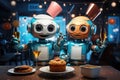 Cute happy robots celebrating party with a cake and balloons