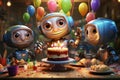 Cute happy robots celebrating party with a cake and balloons. Funny Birthday Theme With Robots