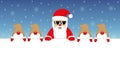 Cute happy santa claus with glasses and his gnomes white banner and snowy background Royalty Free Stock Photo