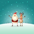 Cute happy Santa Claus and Reindeer celebrate Christmas - winter landscape - Christmas card Royalty Free Stock Photo
