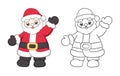 Cute happy Santa Claus waving outline and colored cartoon illustration set. Father Christmas, Kris Kringle, Saint Nick. Winter Royalty Free Stock Photo