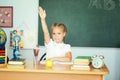 Cute happy school children girl raised hands in class Royalty Free Stock Photo