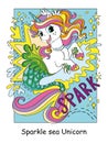 Cute happy sea unicorn mermaid color vector illustration