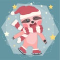 Cute happy sloth in winter costume christmas skating in star falling, flat vector cartoon animal