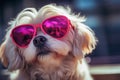 Cute happy small dog wearing pink sunglasses