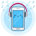 Cute happy smartphone icon with big pink headphones and musical signs. Online radio, music streaming app Royalty Free Stock Photo