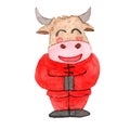 Cute Happy with Smile Bull Buffalo Full Body Red Chinese Clothes Doll Made With Watercolor