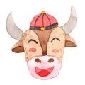 Cute Happy with Smile Chinese Bull Year Buffalo Head Made With Watercolor