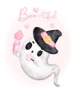Cute happy smile kawaii ghost halloween witch, Bootiful, cartoon character bootiful watercolour hand painted vector