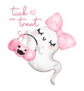 Cute kawaii pink halloween ghost with empty pumpkin basket, trick or treat , happy smile cartoon character bootiful watercolour