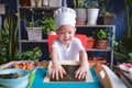 Cute happy smiling Asian little boy child wearing chef hat having fun preparing, cooking healthy Japanese food -  sushi roll at Royalty Free Stock Photo