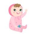 Cute happy smiling baby with kinky hair sitting in pink pajama. Vector illustration in flat cartoon style.