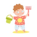 Cute happy smiling baby in red t-shirt standing and holding a rake and the bucket with sand. Vector illustration in flat