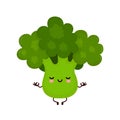 Cute smiling broccoli meditate in yoga pose.