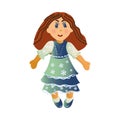 Cute Happy Smiling Brown-haired Girl Doll In The Colorful Dress. Vector Illustration In Flat Cartoon Style.
