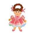 Cute happy smiling brown-haired girl doll with a long braid in the red dress. Vector illustration in flat cartoon style. Royalty Free Stock Photo