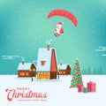 Cute happy smiling cartoon santa flying with parachute on rural