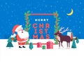 Cute happy smiling cartoon santa and reindeer on winter landscape background. Christmas holiday decoration for poster or