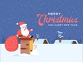 Cute happy smiling cartoon santa sitting on chimney stack or smoke funnel on rural winter landscape background. Christmas holiday Royalty Free Stock Photo