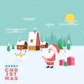 Cute happy smiling cartoon santa and snowman on winter village l