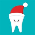 Cute happy smiling funny tooth with christmas hat. Vector modern flat style cartoon character illustration. Isolated on blue Royalty Free Stock Photo