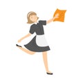 Happy smiling housemaid with a cleaning rag. Vector illustration in flat cartoon style.