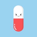 Cute happy smiling medicine pill capsule. Vector flat cartoon character illustration icon design. Isolated on blue Royalty Free Stock Photo