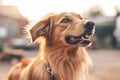 Cute happy smiling muzzle Golden Retriever dog brown eyes enjoying looking up walk rain outside. Funny pet portrait