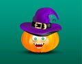 Cute happy smiling pumpkin head witch purple hat and scary funny decor of spider on cobweb on dark green background. Halloween ico Royalty Free Stock Photo