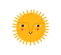 Cute happy smiling sun with funny face. Hot summer sunny weather icon. Children's Scandinavian doodle drawing. Childish