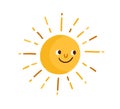 Cute happy smiling sun with rays. Childish drawing in Scandinavian style. Hot summer weather icon. Funny sunny character