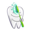 Cute happy smiling tooth with toothbrush and toothpaste. Brushing clean teeth. Dental kids care. Vector modern flat