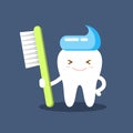 Cute happy smiling tooth with toothbrush and toothpaste hairstyle. Clear tooth concept. Brushing teeth. Dental kids care