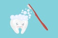 Cute happy smiling tooth with toothbrush and toothpaste hairstyle.Vector modern flat style cartoon character Royalty Free Stock Photo