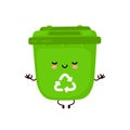 Cute happy trash bin meditate in yoga pose