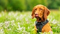 Cute happy smiling vizsla puppy enjoying walk through meadow full of flowers. Happy dog portrait outdoors. Royalty Free Stock Photo